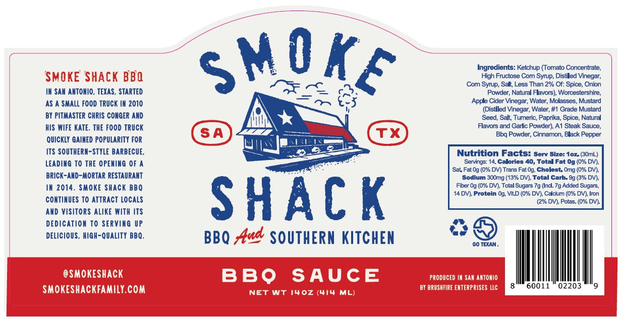 Smoke Shack BBQ Sauce label featuring a rustic barn design, highlighting its Texas roots and quality ingredients.