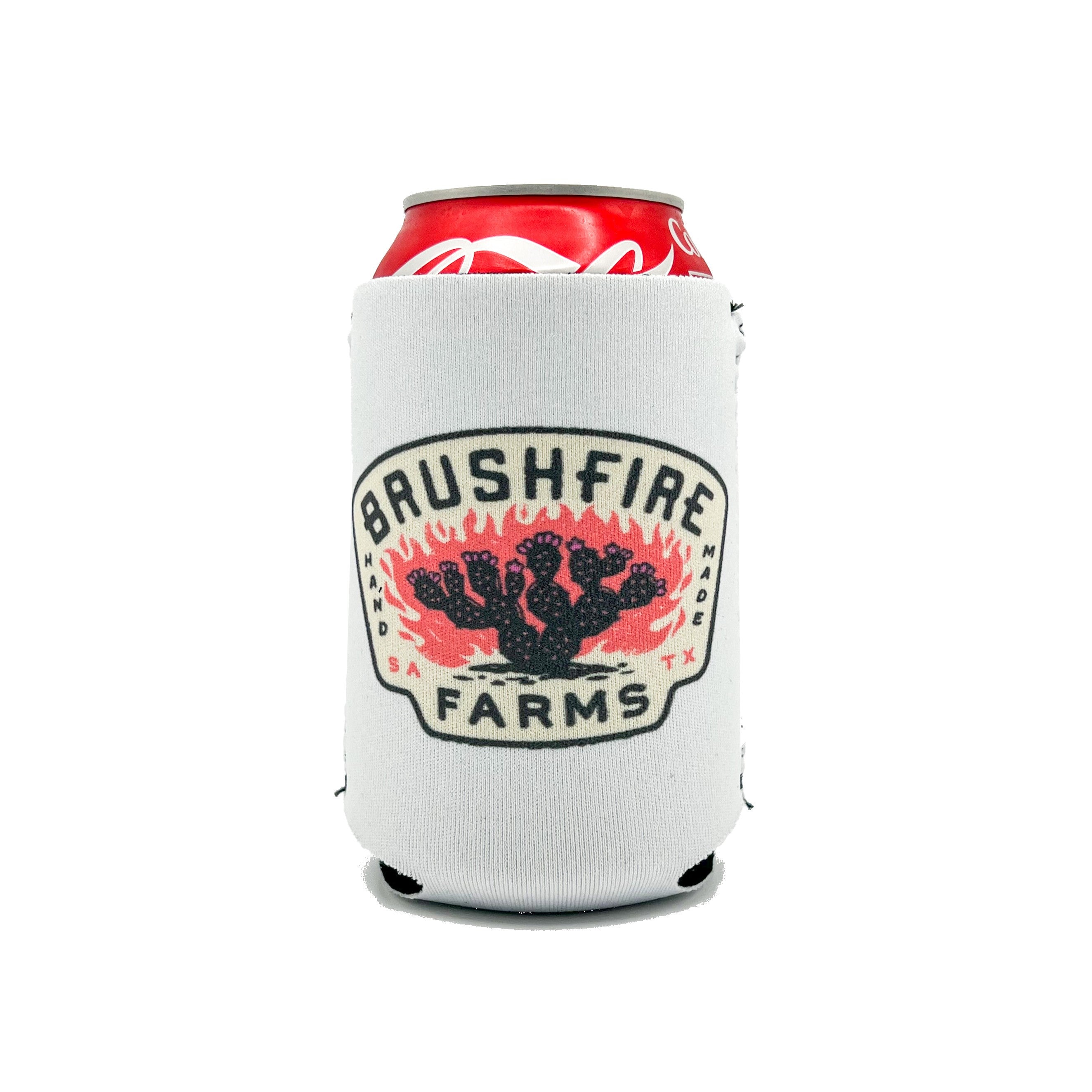 Brushfire Farms neoprene koozie featuring a cactus design, perfect for keeping beverages cold and stylish.