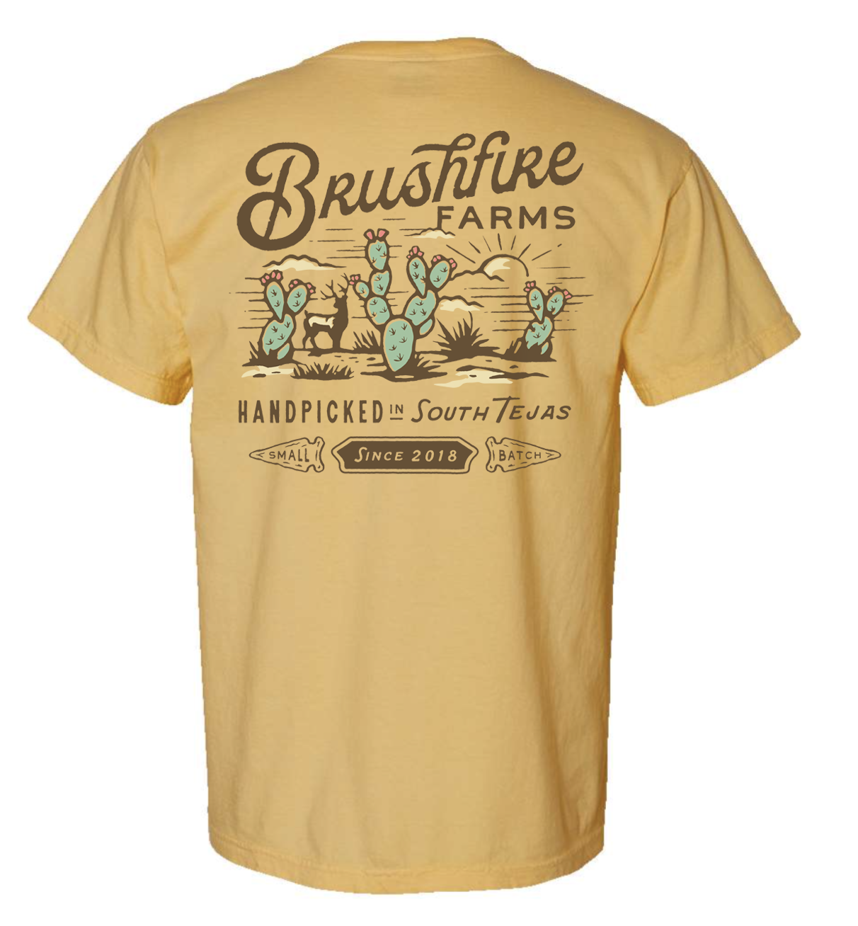 Mustard yellow South Texas T-shirt featuring a cactus design and Brushfire Farms logo on the back.