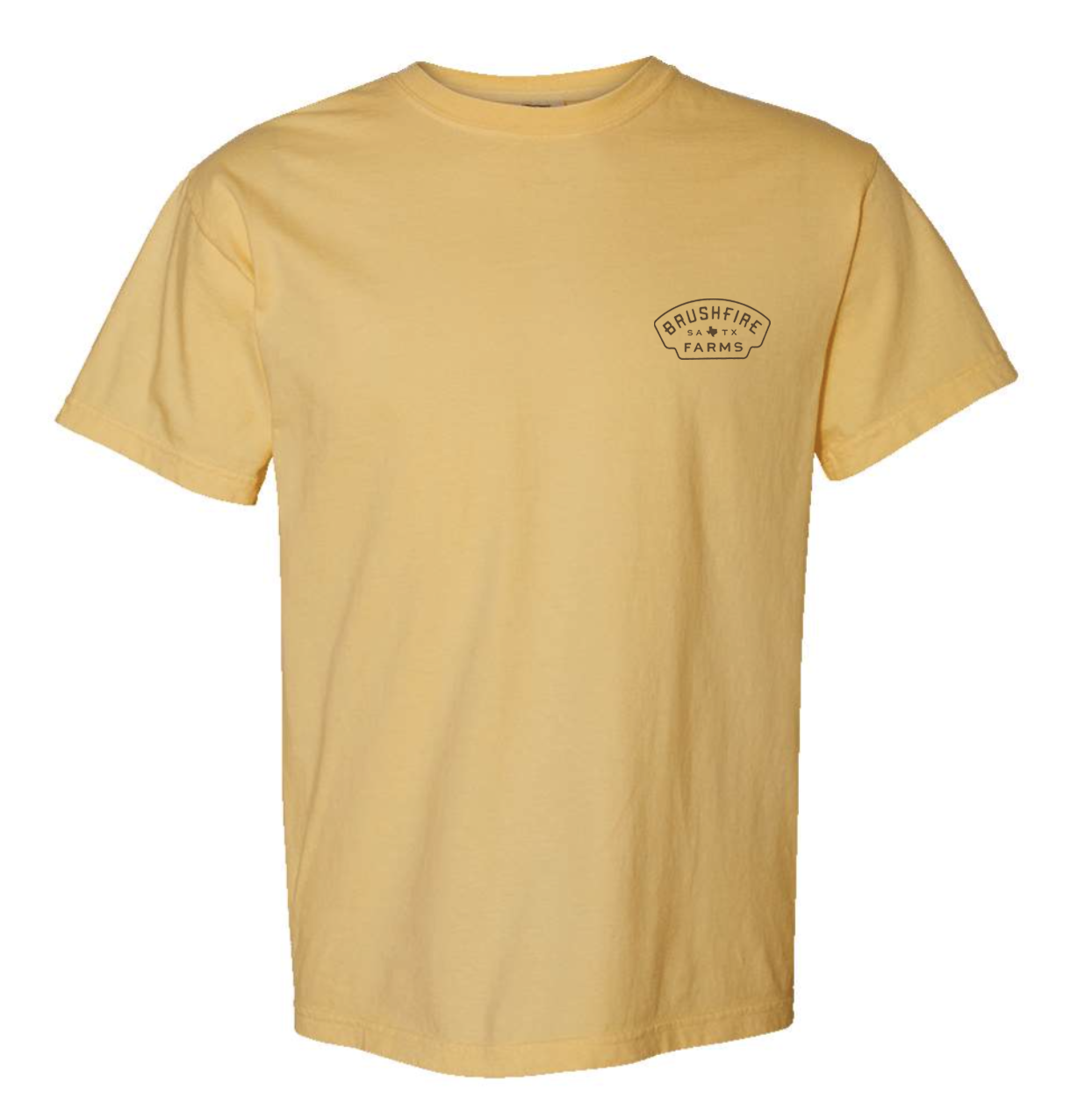 Mustard yellow South Texas T-shirt featuring the Brushfire Farms logo on the chest, made from soft cotton fabric.
