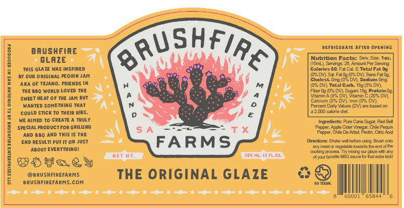 Brushfire Farms Glaze label featuring vibrant design, highlighting its use of original pecan jam for grilling and BBQ.