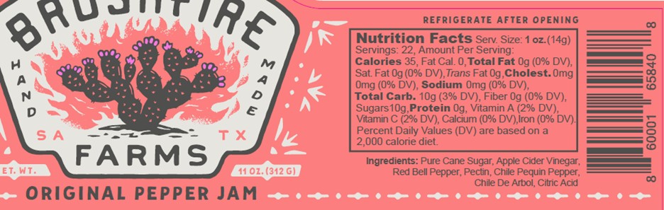Original Pepper Jam from Brushfire Farms, featuring a vibrant label with nutritional information and ingredients.