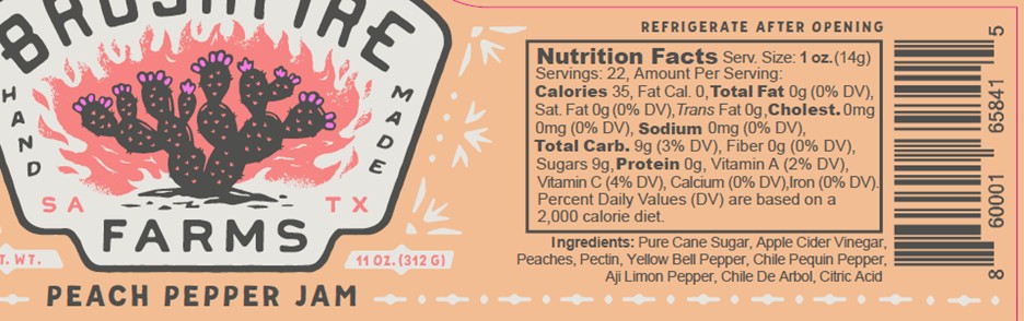 Peach Pepper Jam label featuring nutrition facts and ingredients, highlighting its unique blend of peaches and peppers.