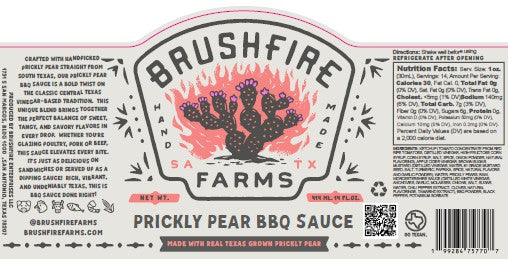 Brushfire Farms Prickly Pear BBQ Sauce label featuring a cactus design, highlighting its handcrafted Texas ingredients.