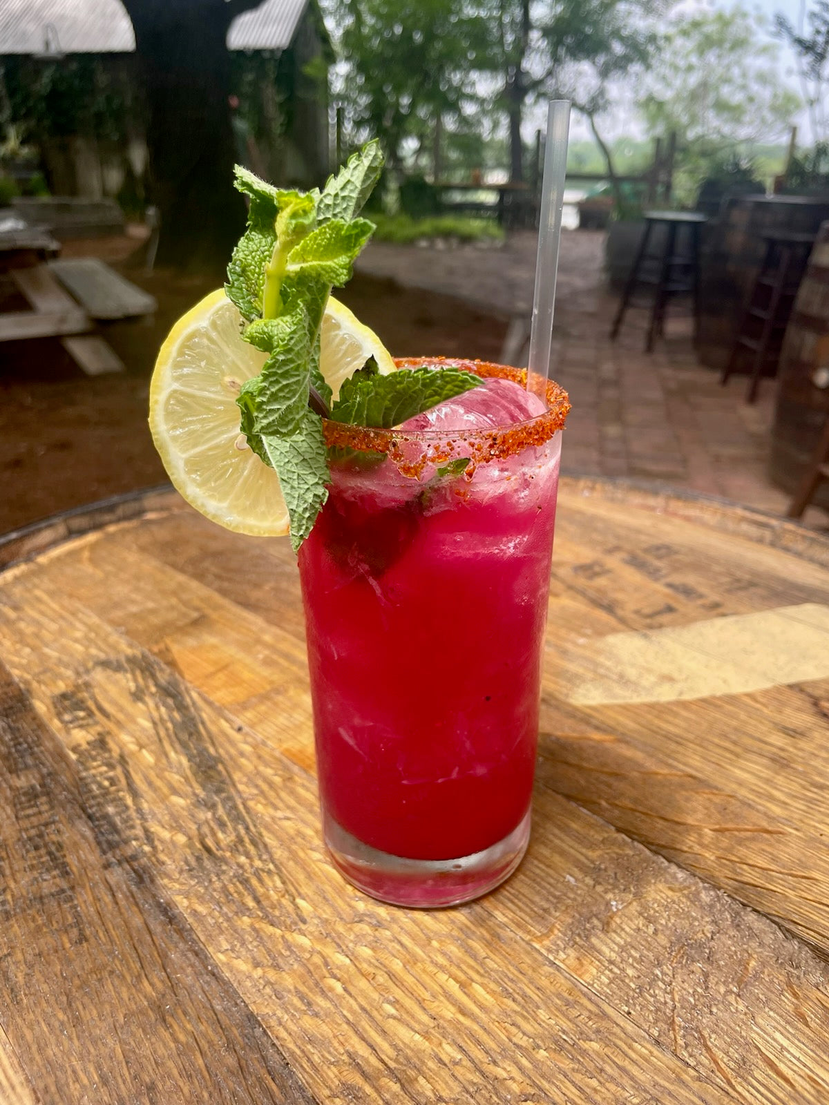 Refreshing cocktail featuring bulk prickly pear simple syrup, garnished with mint and lemon, served in a tall glass.