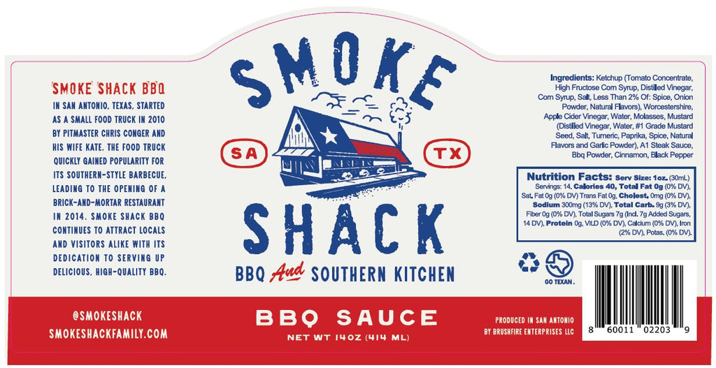 Smoke Shack BBQ Sauce label featuring a rustic barn design, highlighting its Texas roots and quality ingredients.