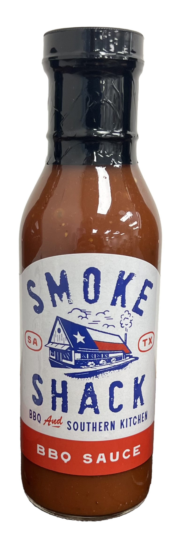 Bottle of Smoke Shack BBQ Sauce featuring a rustic design with a barn illustration and bold lettering.