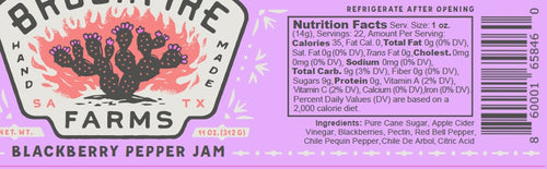 Blackberry Pepper Jam label featuring nutrition facts and ingredients, highlighting its handmade quality from Brushfire Farms.