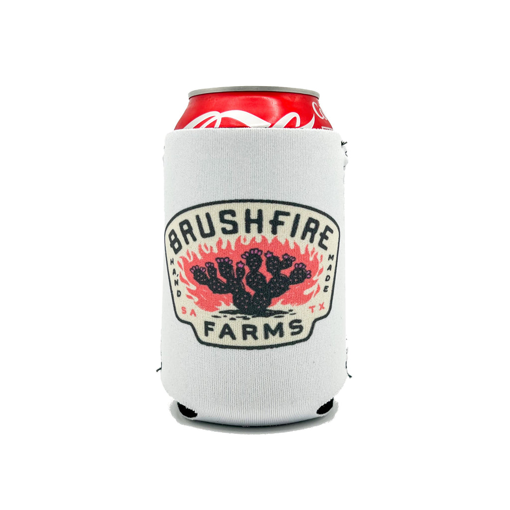 Brushfire Farms neoprene koozie featuring a cactus design, perfect for keeping beverages cold and stylish.