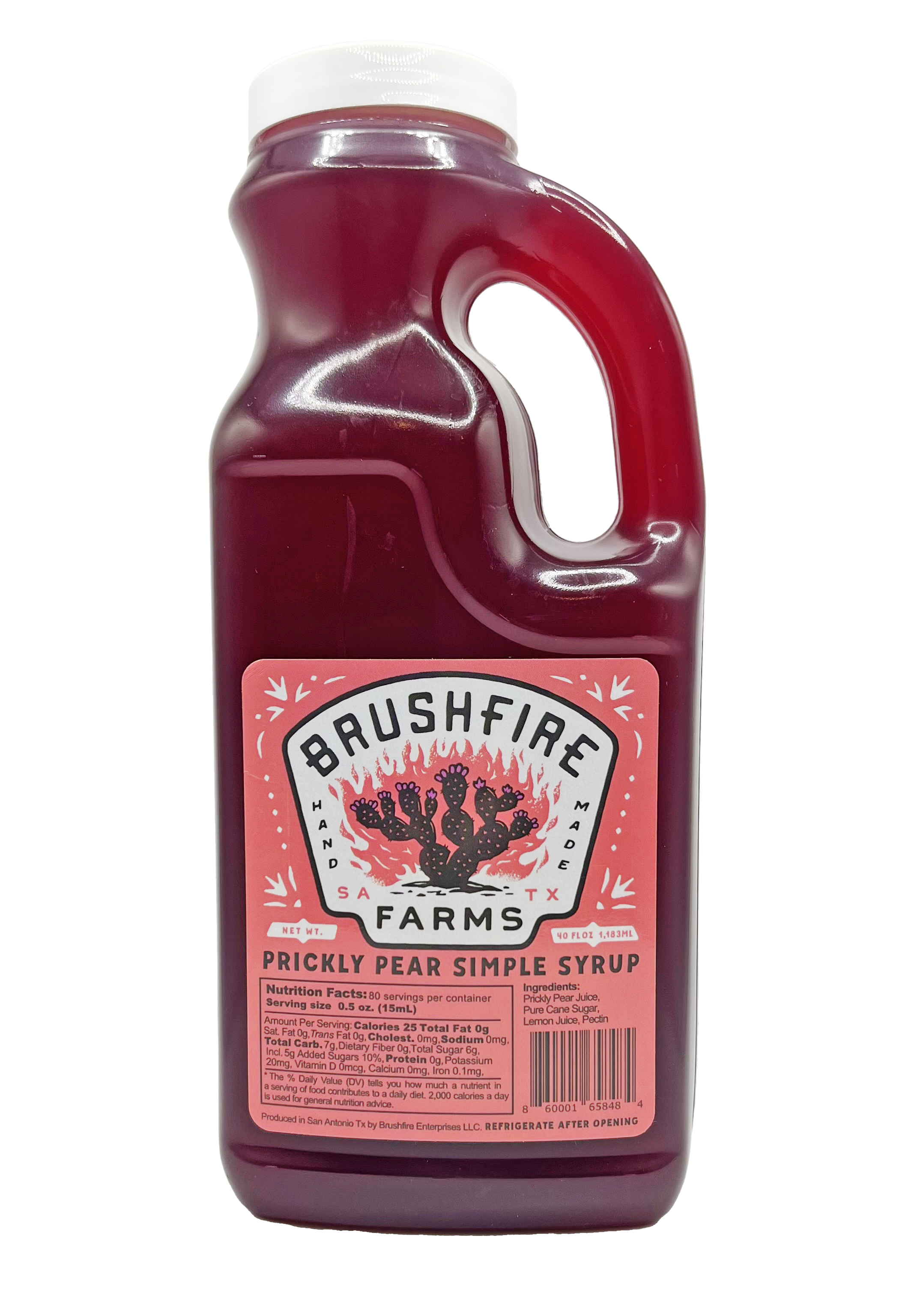 Bulk Prickly Pear Simple Syrup in a clear jug, featuring a vibrant pink color and Brushfire Farms branding.