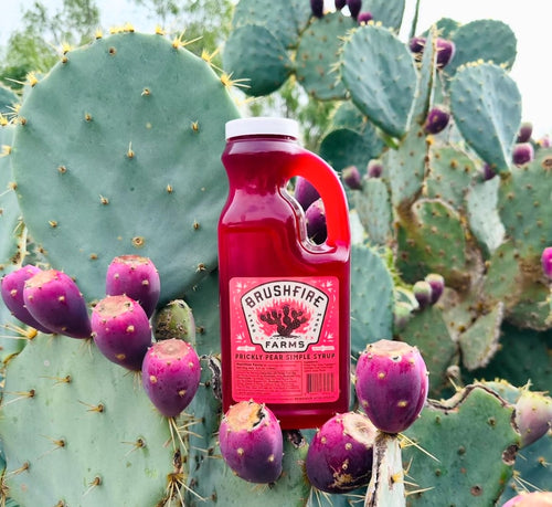Bulk Prickly Pear Simple Syrup bottle displayed against a backdrop of prickly pear cactus and fruit.