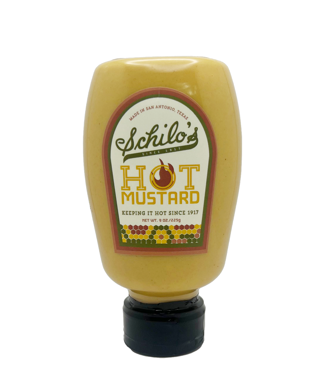 Bottle of Schilo's Hot Mustard, a San Antonio-made condiment known for its spicy flavor, featuring a vintage-style label.