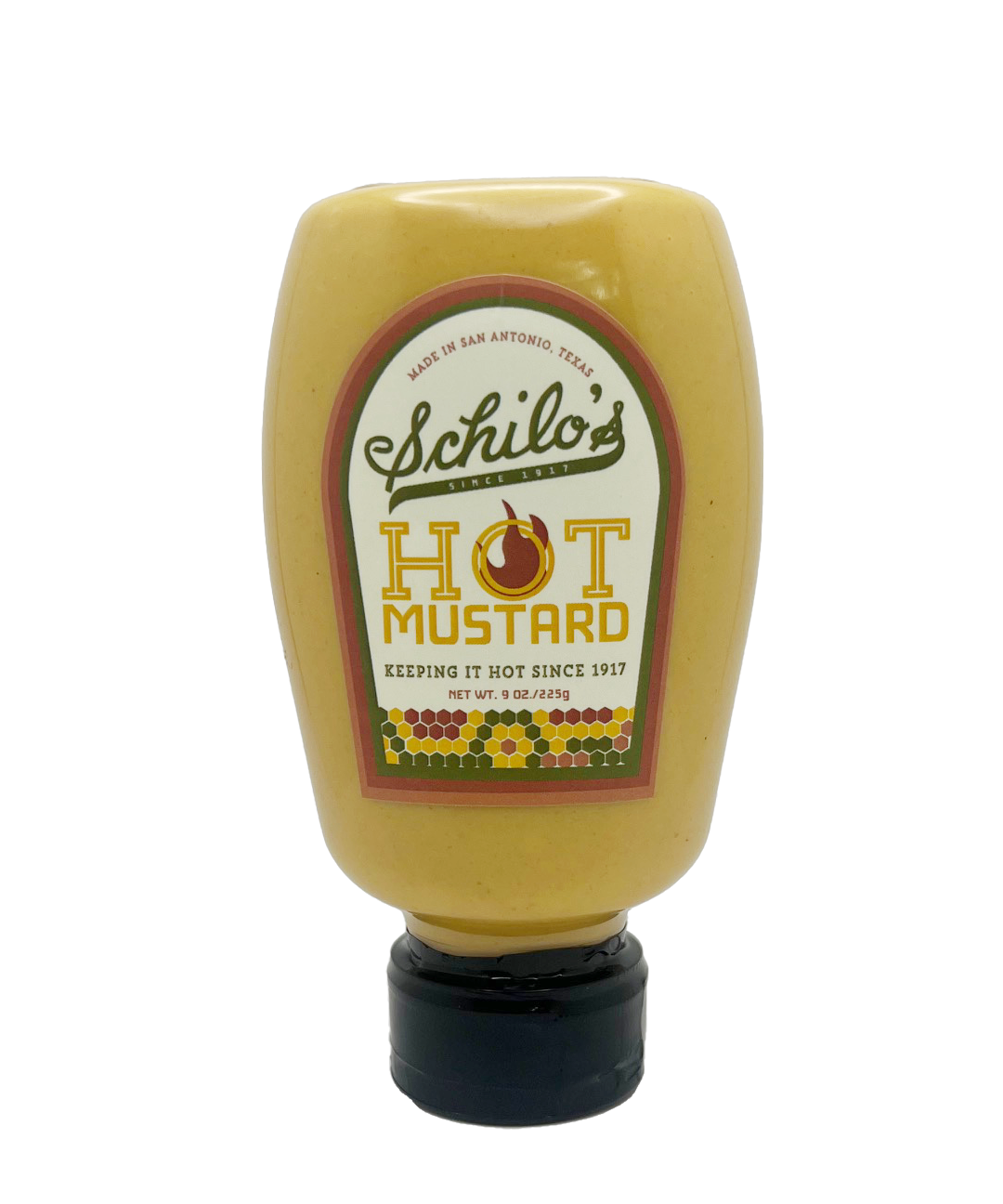Bottle of Schilo's Hot Mustard, a San Antonio-made condiment known for its spicy flavor, featuring a vintage-style label.