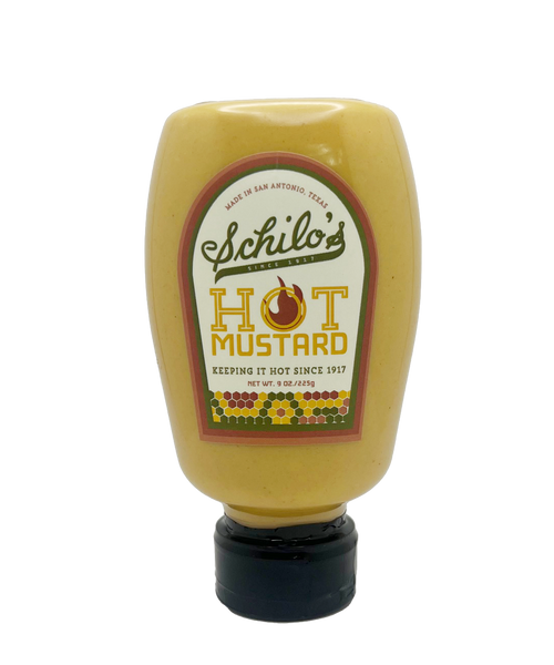 Bottle of Schilo's Hot Mustard, a San Antonio-made condiment known for its spicy flavor, featuring a vintage-style label.