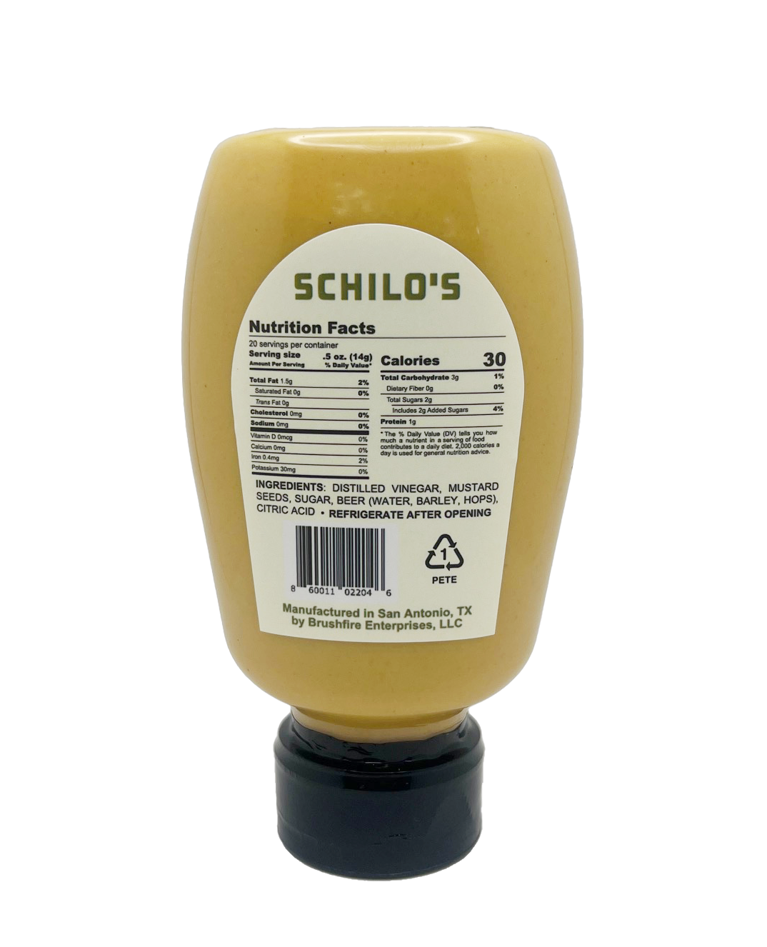 Schilo's Hot Mustard bottle featuring nutrition facts and ingredients, made in San Antonio, Texas by Brushfire Farms.