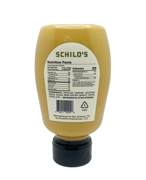 Schilo's Hot Mustard bottle featuring nutrition facts and ingredients, made in San Antonio, Texas by Brushfire Farms.