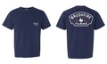 Navy shirt featuring a Texas logo and Brushfire Farms branding on the front pocket and back. Ideal for casual wear.