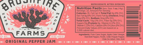Original Pepper Jam from Brushfire Farms, featuring a vibrant label with nutritional information and ingredients.