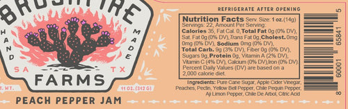 Peach Pepper Jam label featuring nutrition facts and ingredients, highlighting its unique blend of peaches and peppers.