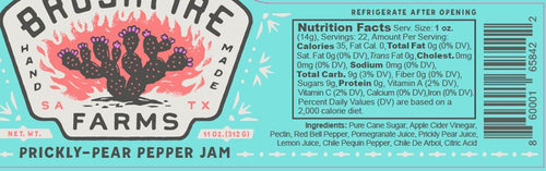 Prickly Pear Pepper Jam label featuring nutrition facts and ingredients like prickly pear, red bell pepper, and Chile Pequin.