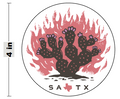 Round Brushfire Farms SATX decal featuring a cactus surrounded by flames, symbolizing Texas pride and culture.