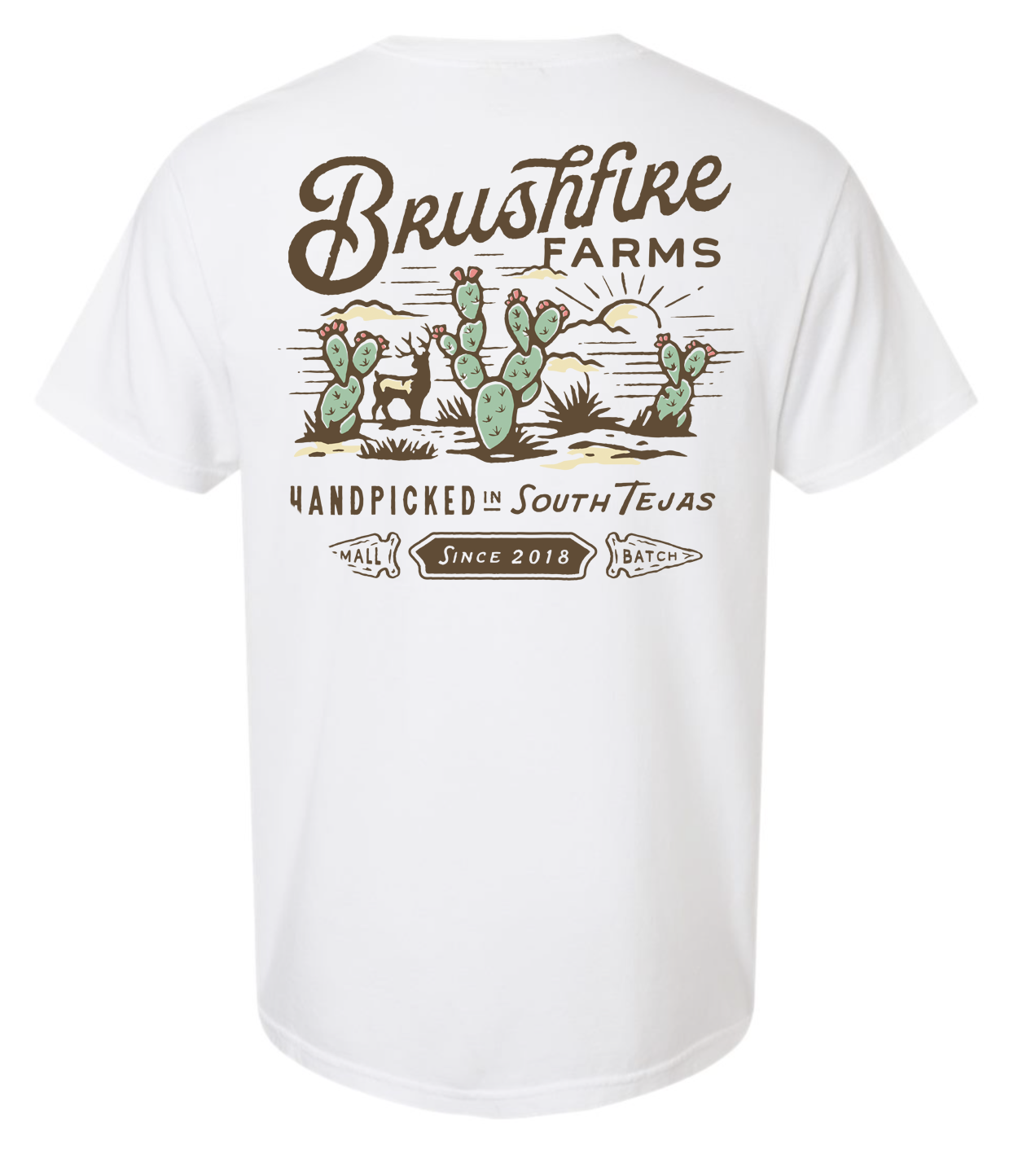 White South Texas T-shirt featuring Brushfire Farms logo and handpicked design with cacti and sunset illustration.