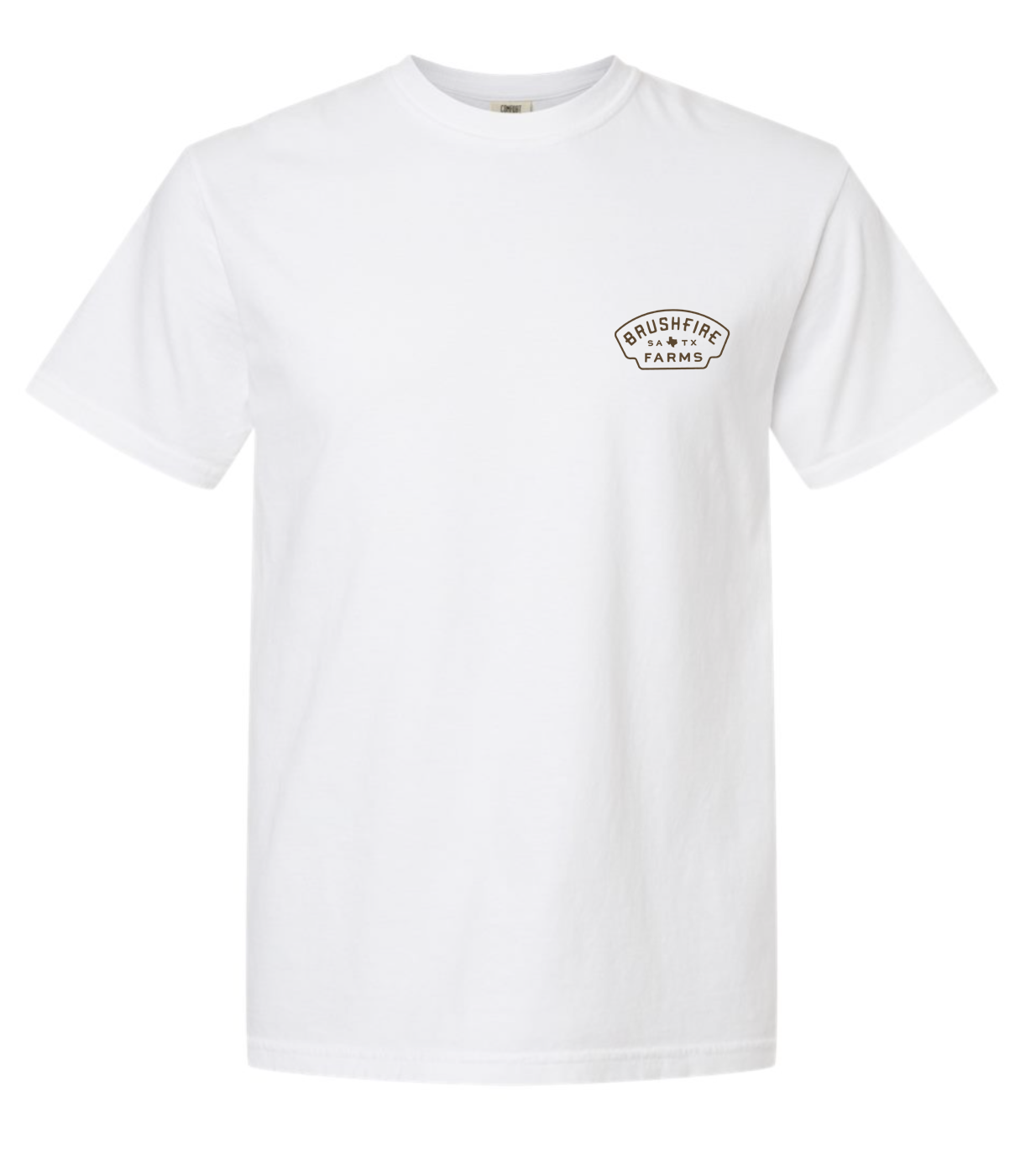White South Texas T-shirt featuring the Brushfire Farms logo on the chest, ideal for casual wear and showcasing local pride.